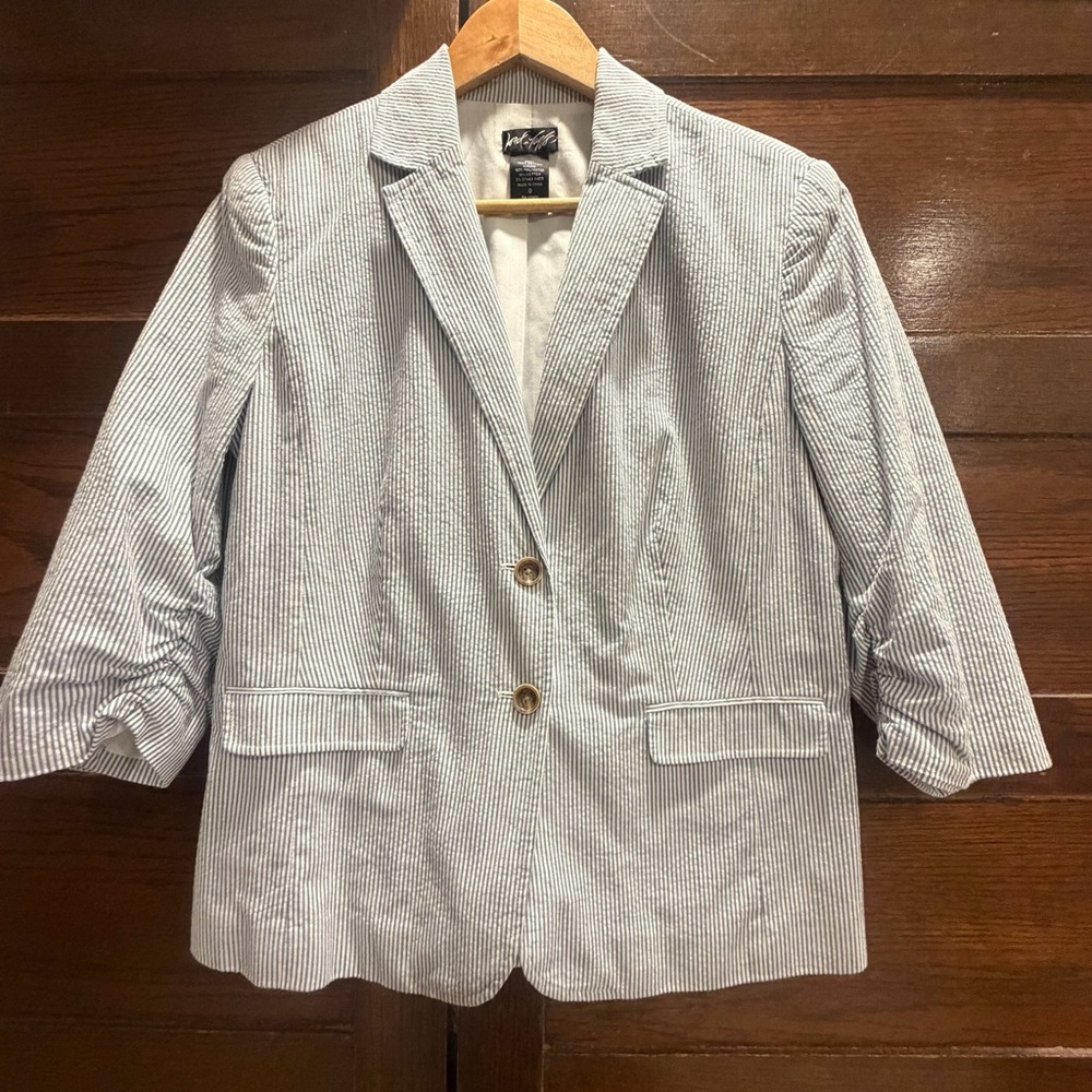 Lord & Taylor 8 Blue White seersucker Striped Blazer coat jacket 100% cotton